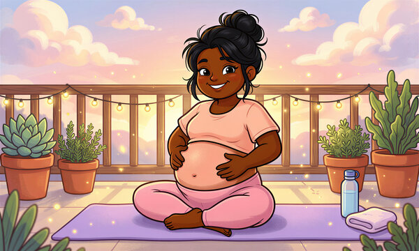 A cheerful South Asian pregnant woman with a large belly practices gentle morning yoga on a sunny rooftop garden, shown in playful rounded cartoon style with smooth outlines.