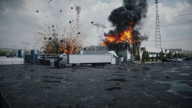 Explosion and Fire at Data Center, Anti-AI Protest and Public Backlash Against Artificial Intelligence. 3d rendering.