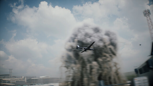 Drone Strike on Data Center, AI Backlash and Anti-Artificial Intelligence Protest Concept. Fire, explosion. 3d rendering.