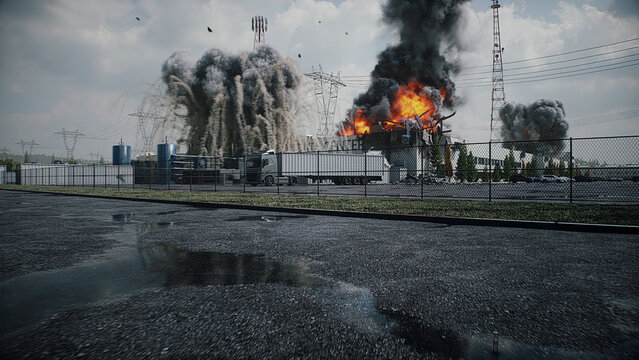 Explosion and Fire at Data Center, Anti-AI Protest and Public Backlash Against Artificial Intelligence. 3d rendering.