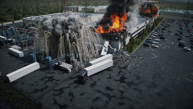 Explosion and Fire at Data Center, Anti-AI Protest and Public Backlash Against Artificial Intelligence. 3d rendering.