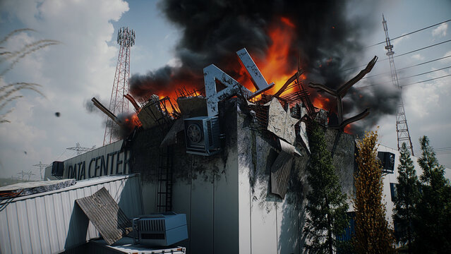 Explosion and Fire at Data Center, Anti-AI Protest and Public Backlash Against Artificial Intelligence. 3d rendering.