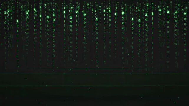 Digital binary code rain falling on a dark background for cyber security and technology concepts