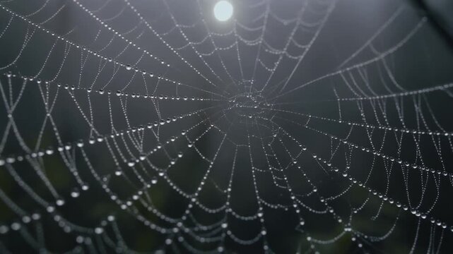 Extreme Macro Slow Pan Across Spider Web with Dew Droplets in Foggy Dark Halloween Atmosphere