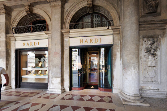 Venice, Italy June 03 2026: rchitectural view of the Nardi jeweler boutique featuring decorative stone reliefs and columns at St Mark Square in Venice.