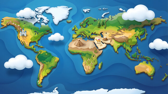 cartoon world map with clouds