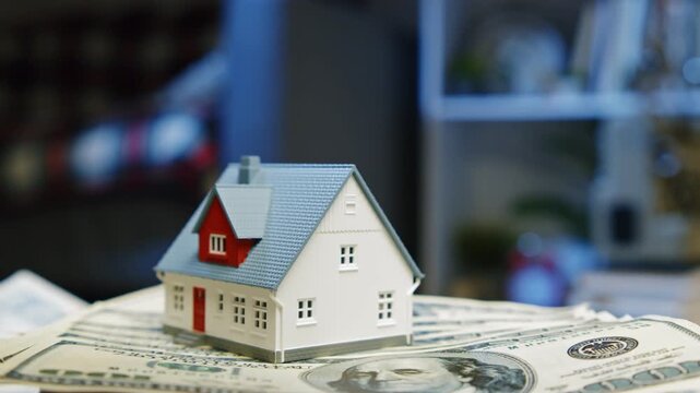 Miniature houses sit atop a pile of cash, symbolizing the connection between real estate investment and financial growth in a cozy indoor setting