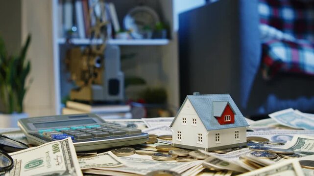A cozy living room filled with cash and a tiny house model showcases the exciting journey of real estate investment in a warm atmosphere, dreaming big amid dollars