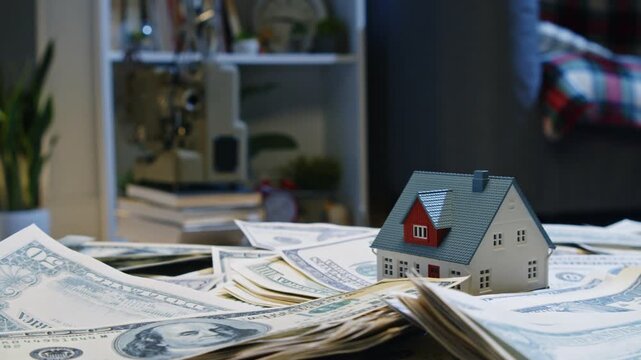 Stacks of cash spread across a table create a striking backdrop for a tiny house, symbolizing the intriguing relationship between wealth and property in today's market
