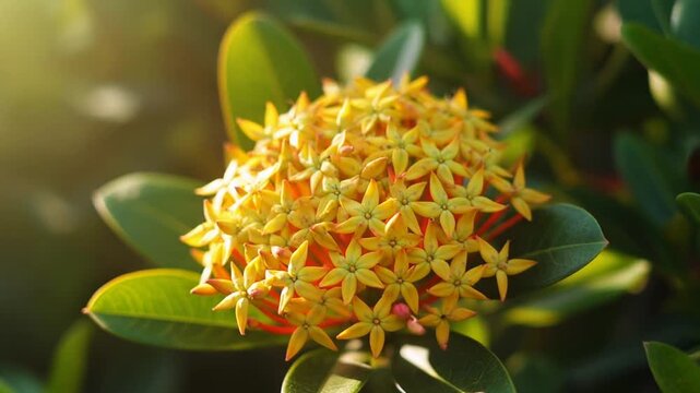Closeup of a vibrant yellow Ixora flower cluster in sunlight.