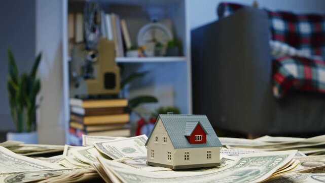 Miniature houses rest on piles of cash, symbolizing dreams of ownership and financial success. A warm indoor atmosphere enhances the scene of ambition and hope