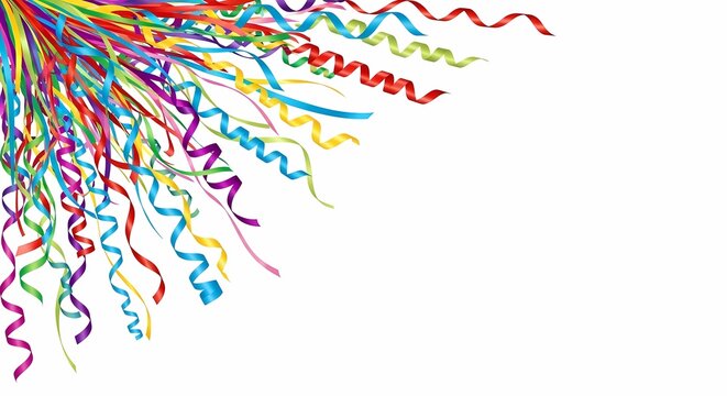Colorful streamers exploding from corner on white background.
