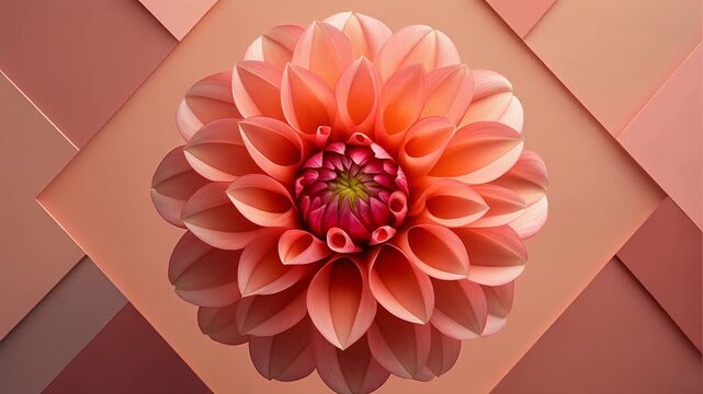 Closeup of a vibrant orange dahlia flower with delicate petals and a deep red center set against a backdrop of overlapping pastel pink and peach squares.