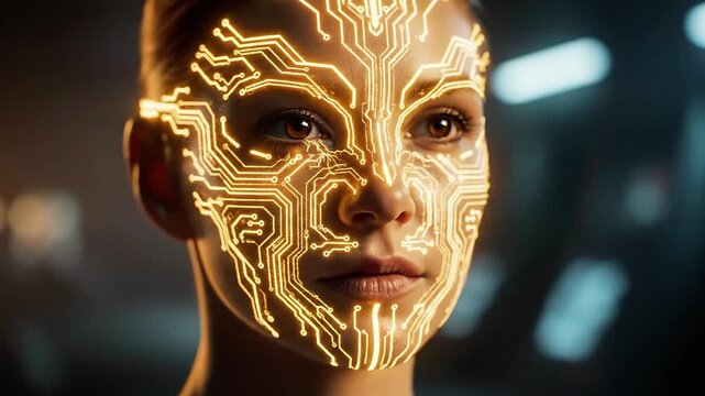 A woman's face with a circuit board design superimposed on her skin, glowing with yellow light