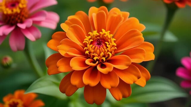 Closeup of a vibrant orange zinnia flower in full bloom 2.
