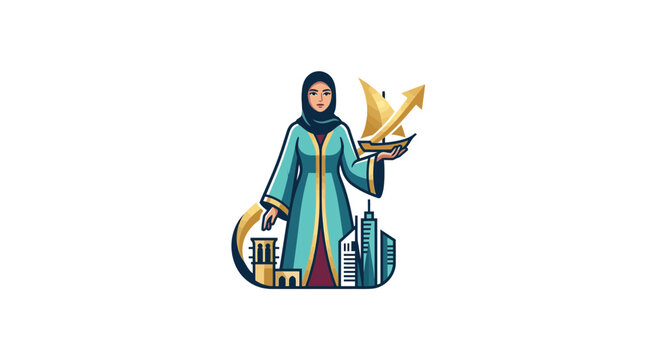Arabic Woman Holding Traditional Dhow Boat with Modern Dubai Skyline Illustration