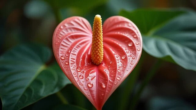 Closeup of a vibrant pink Anthurium flower with water droplets.