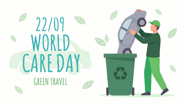 World Care Day green travel concept with man throwing car into recycling bin