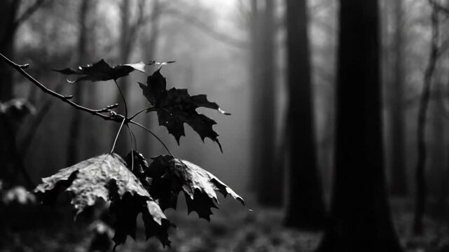 Black and white shot of a forest with a close-up on dead leaves and a blurry, foggy, and misty background of trees