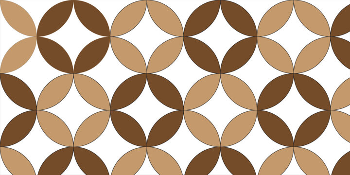 The geometric seamless pattern resembles the Kawung batik motif in dark brown and cream on a white background.