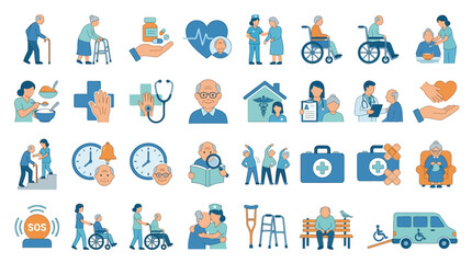 Fototapeta premium Elderly care and nursing home services vector icons set. EPS Editable. Vector Illustrations.