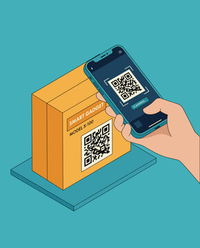 Hand Scanning Smart Gadget Box QR Code with Mobile Phone for Modern Product Activation or Tracking digital lines clean vector