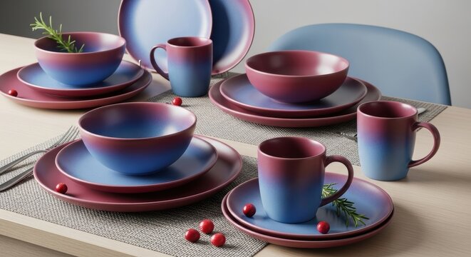 Elegant gradient dinnerware set in pink and blue on modern dining table