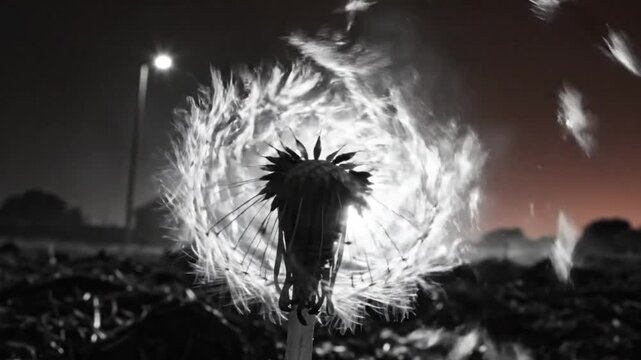 Black and white close up of a dandelion flower head losing its seeds in the night, a beautiful natural moment