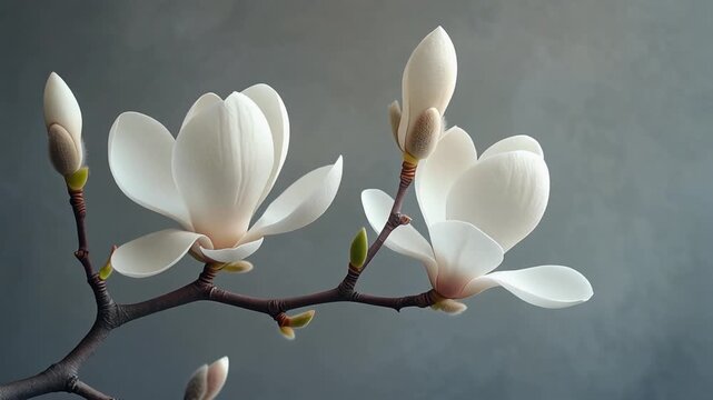 Delicate white magnolia flowers blooming on a branch.