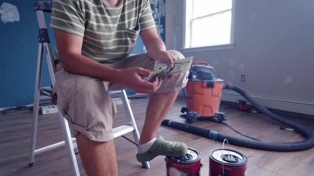 A man is meticulously counting dollar bills to determine how much he will need for materials to fix up his home. The bright light fills the room as he plans