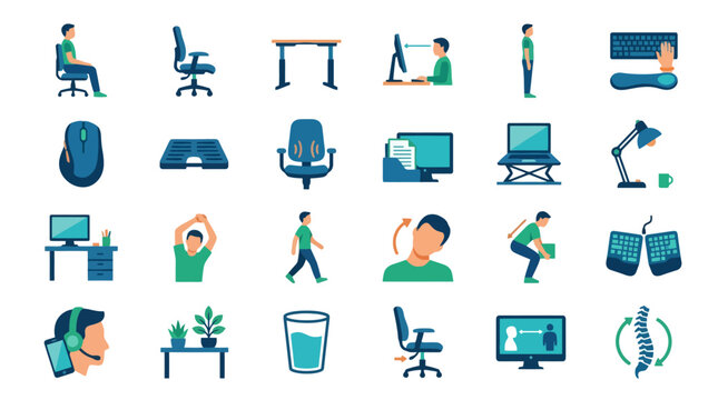 Ergonomics and correct posture icons set for healthy office workspace setup. EPS Editable. Vector Illustrations.