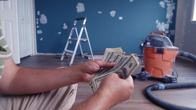 A man sits in a partially renovated room, carefully counting dollar bills to estimate how much he needs for materials to finish his home improvement project