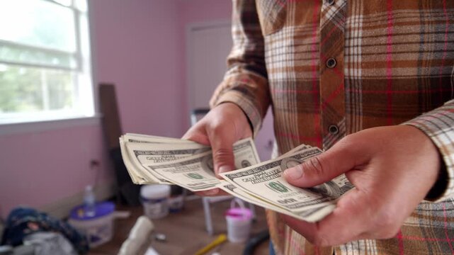 A man meticulously counts dollar bills to determine how much to spend on materials for his home renovation. This thoughtful process unfolds in a colorful and lively room