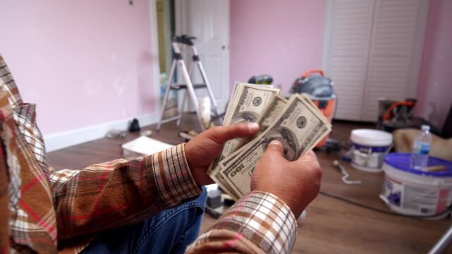 A man carefully counts dollar bills as he assesses how much money he needs for materials to repair his home. The room buzzes with renovation excitement