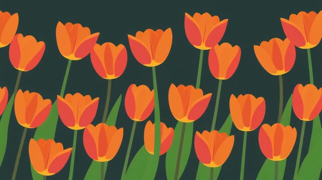 Orange Tulips Field Blooming in Spring.
