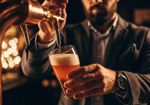 Professional Bartender or Businessman Pouring Fresh Draught Beer from a Brass Tap into a Glass in a Luxury Bar Setting