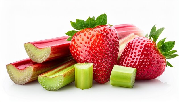 Erdbeeren Mit Rhabarber Isoliert Auf Weissen Hintergrund Freisteller