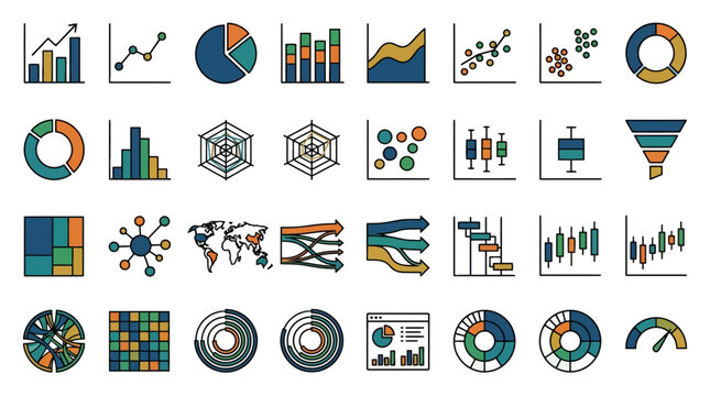 Hand drawn business data visualization charts and graphs icon set. EPS Editable. Vector Illustrations.