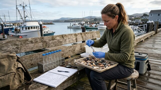 Marine biologist sorting shells and recording data at harbor dock during research
