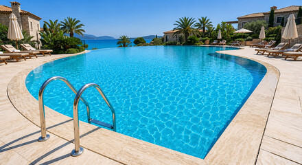 Obraz premium Luxury Mediterranean Resort Infinity Pool Overlooking Turquoise Sea Under Clear Summer Sky