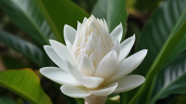 Closeup of a white ginger flower blooming in a garden.