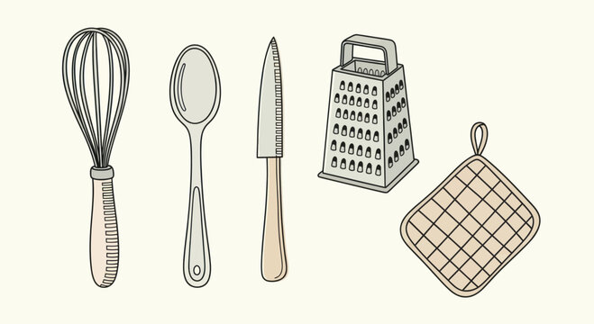 Hand-drawn illustration of essential kitchen utensils for cooking and baking.