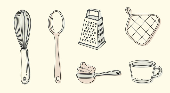 Hand-drawn kitchen utensils set including whisk spoon grater oven mitt measuring spoon and mug.
