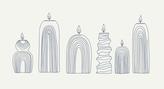 Minimalist Hand-Drawn Candles with Abstract Arch and Wavy Designs.