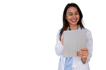 Fototapeta premium Smiling female doctor wearing lab coat using digital tablet checking patient data, providing healthcare services