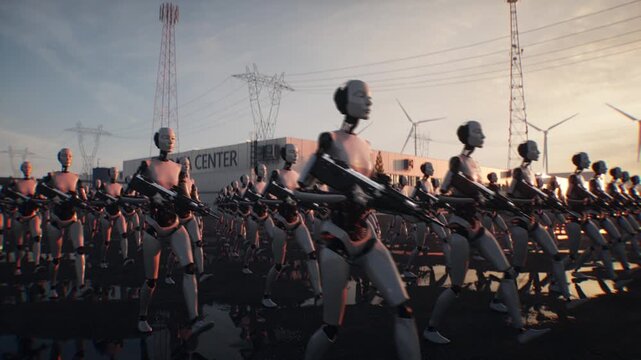 Armed Robots March in Formation Near Data Center, AI Uprising and Autonomous Machine Army Concept.