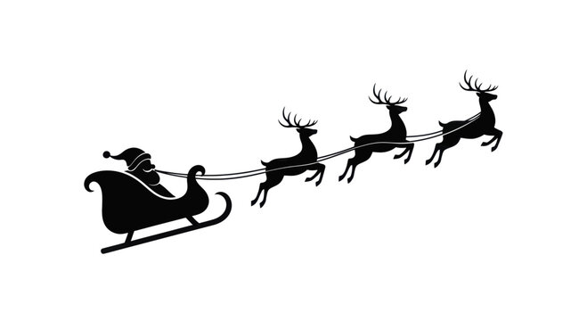 Silhouette of Santa Claus riding his sleigh pulled by reindeer.