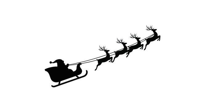 Silhouette of Santa Claus sleigh pulled by reindeer.