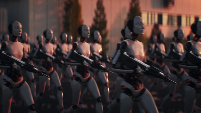 Armed Robots March in Formation Near Data Center, AI Uprising and Autonomous Machine Army Concept.
