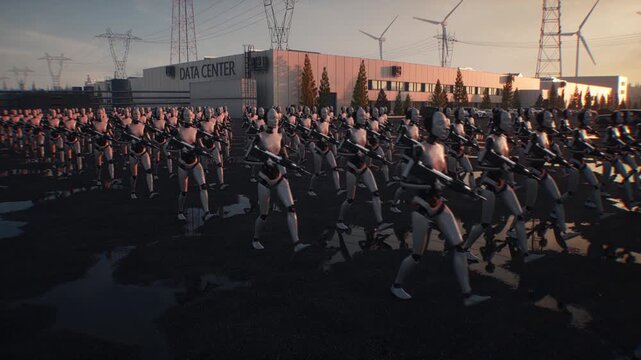 Armed Robots March in Formation Near Data Center, AI Uprising and Autonomous Machine Army Concept.